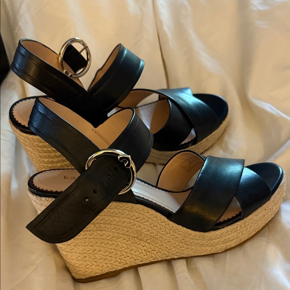 Kate Spade Black Leather Wedges with Silver Buckle